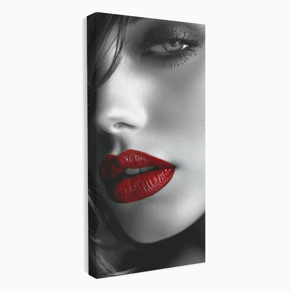 Tablou canvas cu portret feminin alb-negru cu buze rosii, fara rama, pe sasiu de lemn